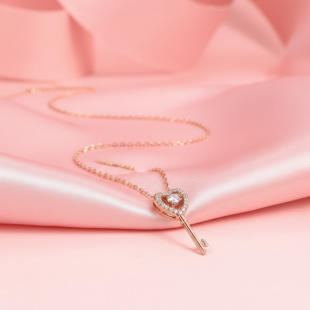 Rose Gold Heart Key on Blush Silk