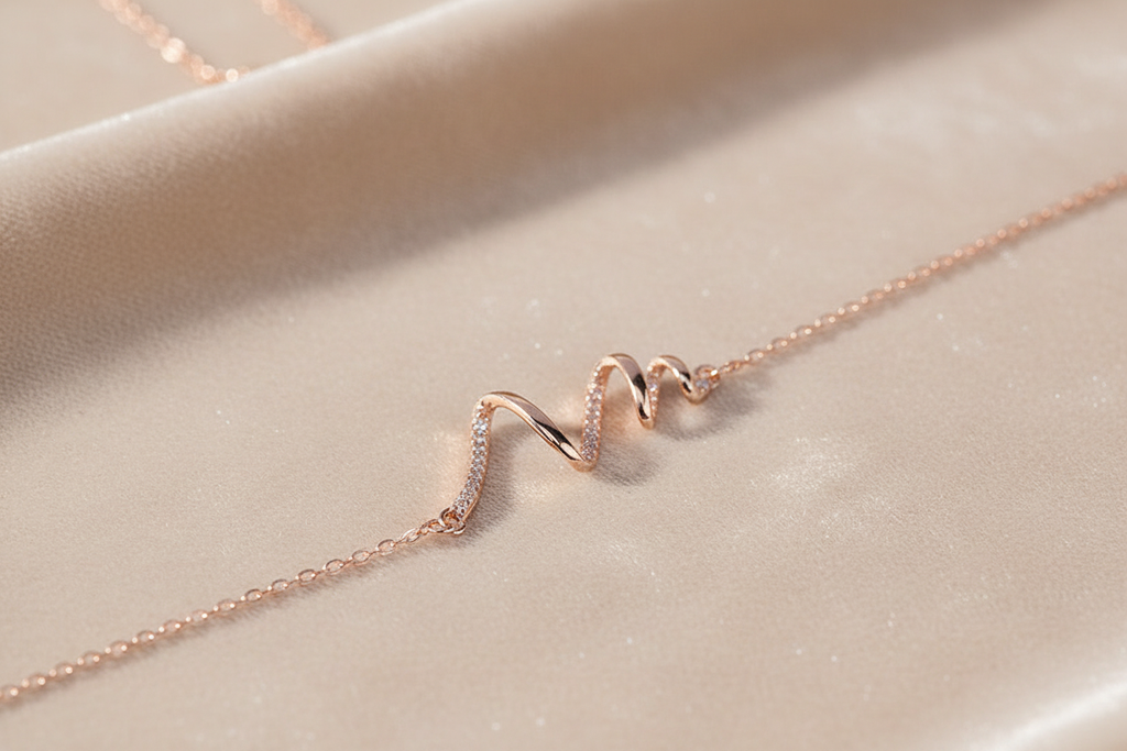Rose Gold Heartbeat Necklace on Champagne Velvet