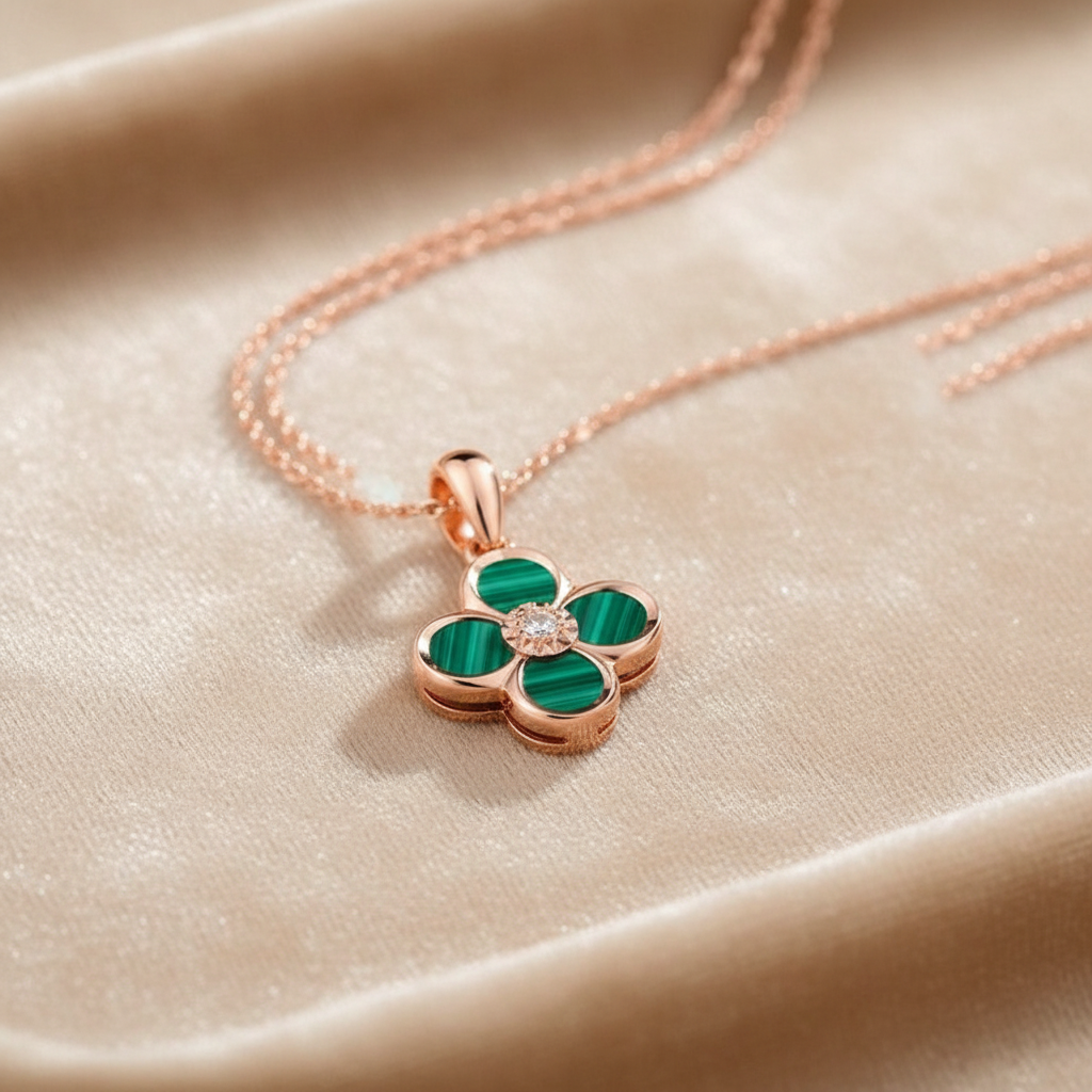 Rose Gold Malachite Clover Necklace on Champagne Velvet