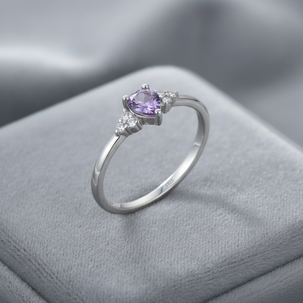 Silver Amethyst Heart Ring on Grey Velvet