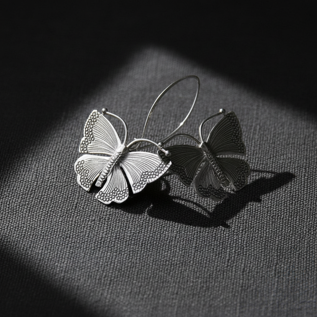 Silver Butterfly on Charcoal Linen