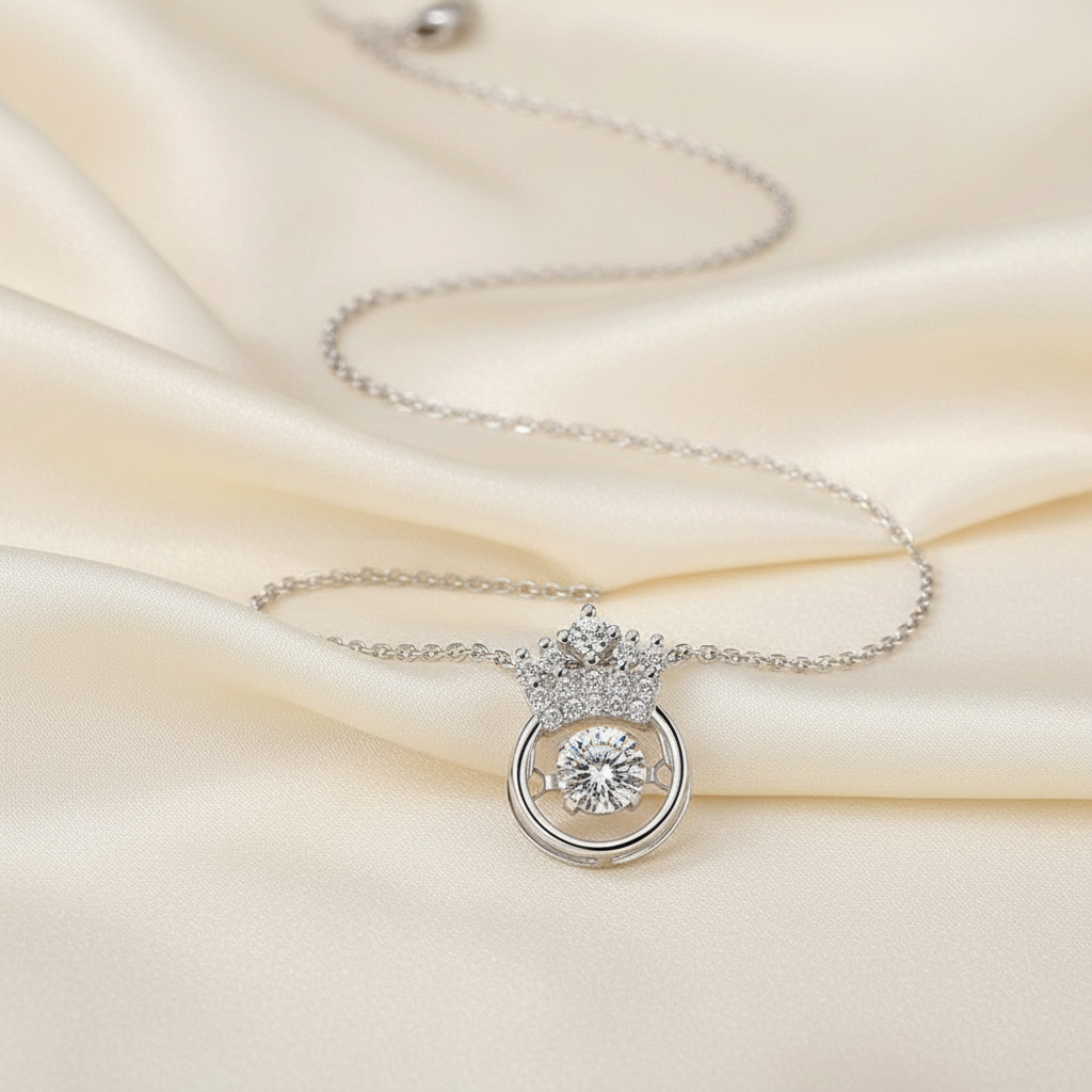 Silver Crown Necklace on Cream Silk