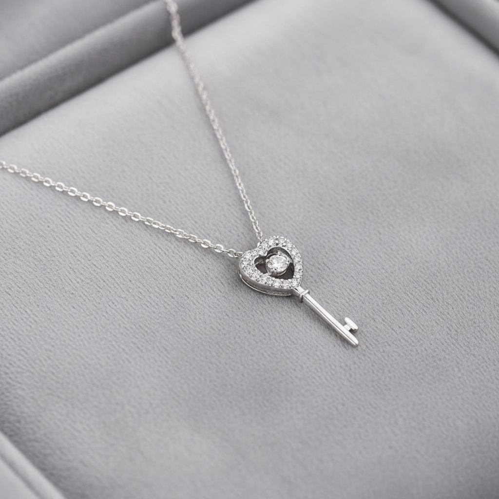 Silver Heart Key on Grey Velvet