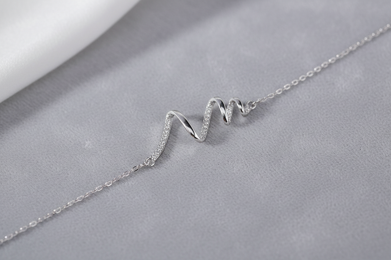 Silver Heartbeat Necklace on Grey Velvet