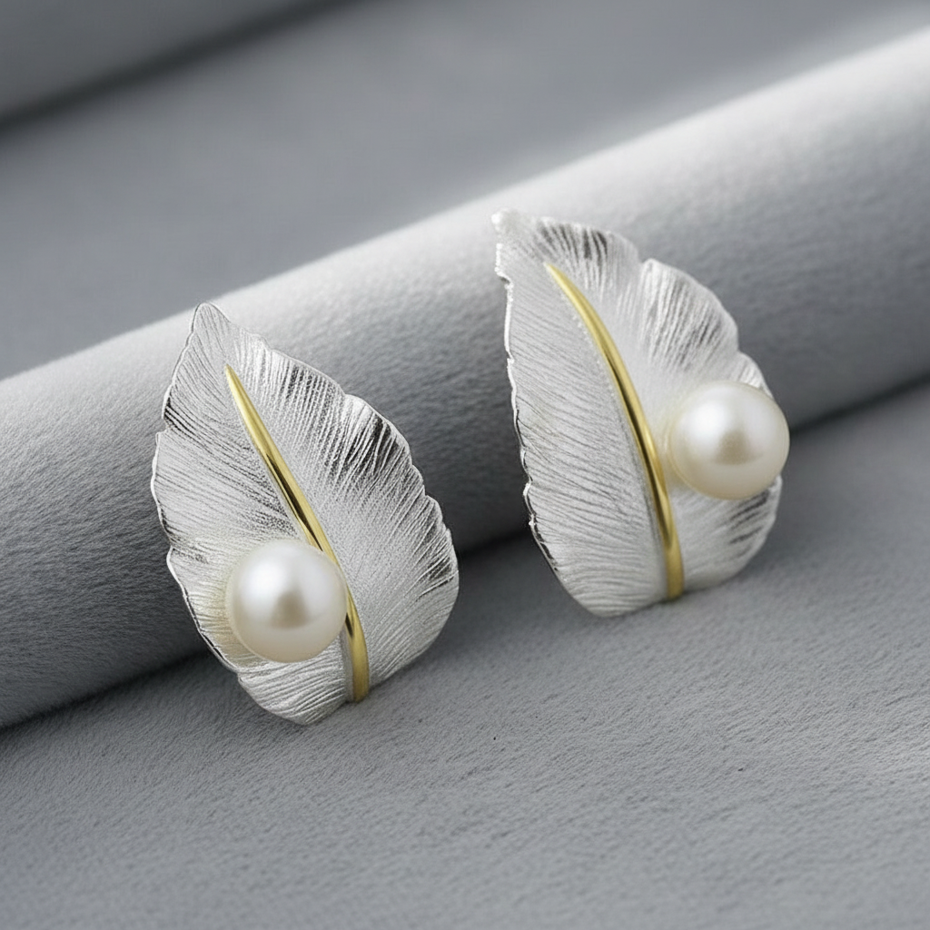 Silver Leaf Earrings on Grey Velvet