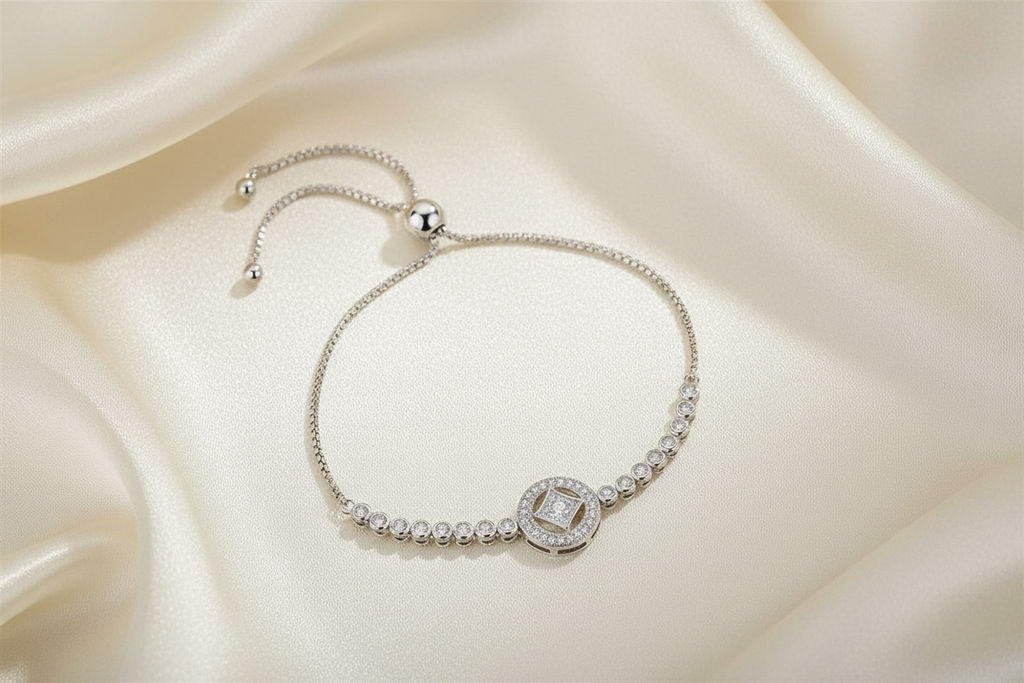 Silver Medallion Bracelet on Cream Silk