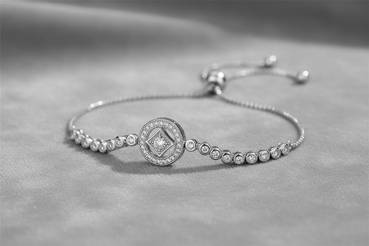 Silver Medallion Bracelet on Grey Velvet