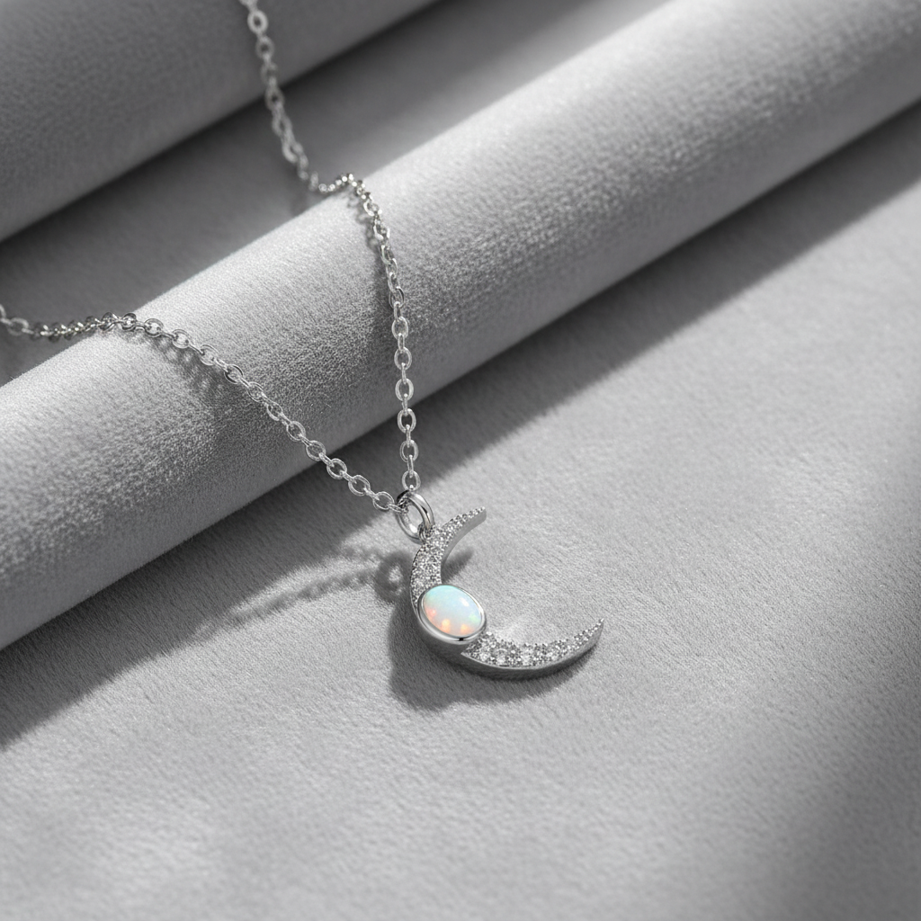 Silver Moon with White Opal on Grey Velvet