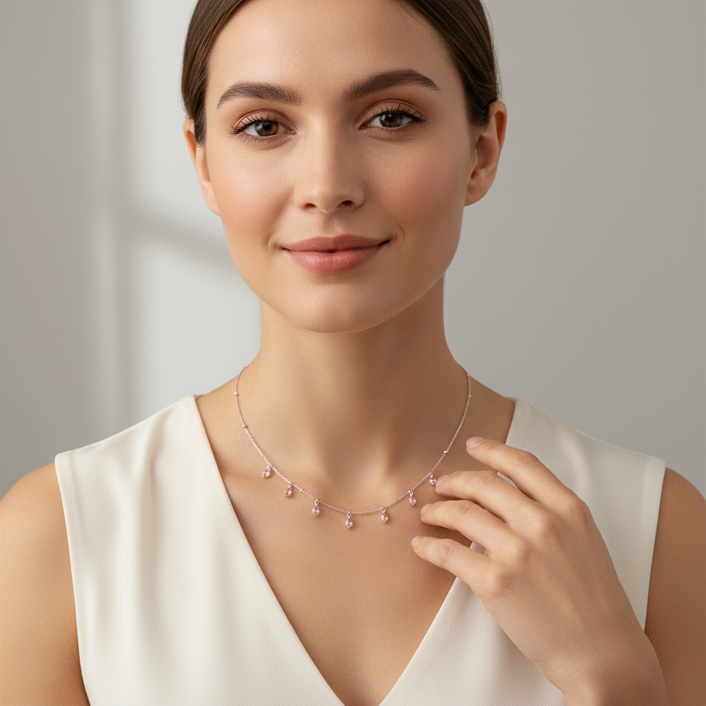 Silver pink crystal necklace - front