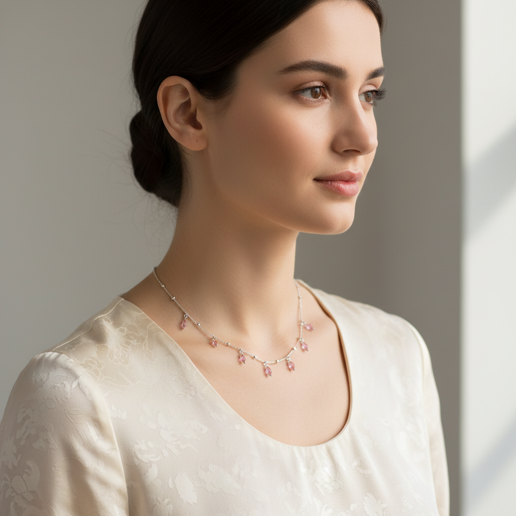 Silver pink crystal necklace - profile