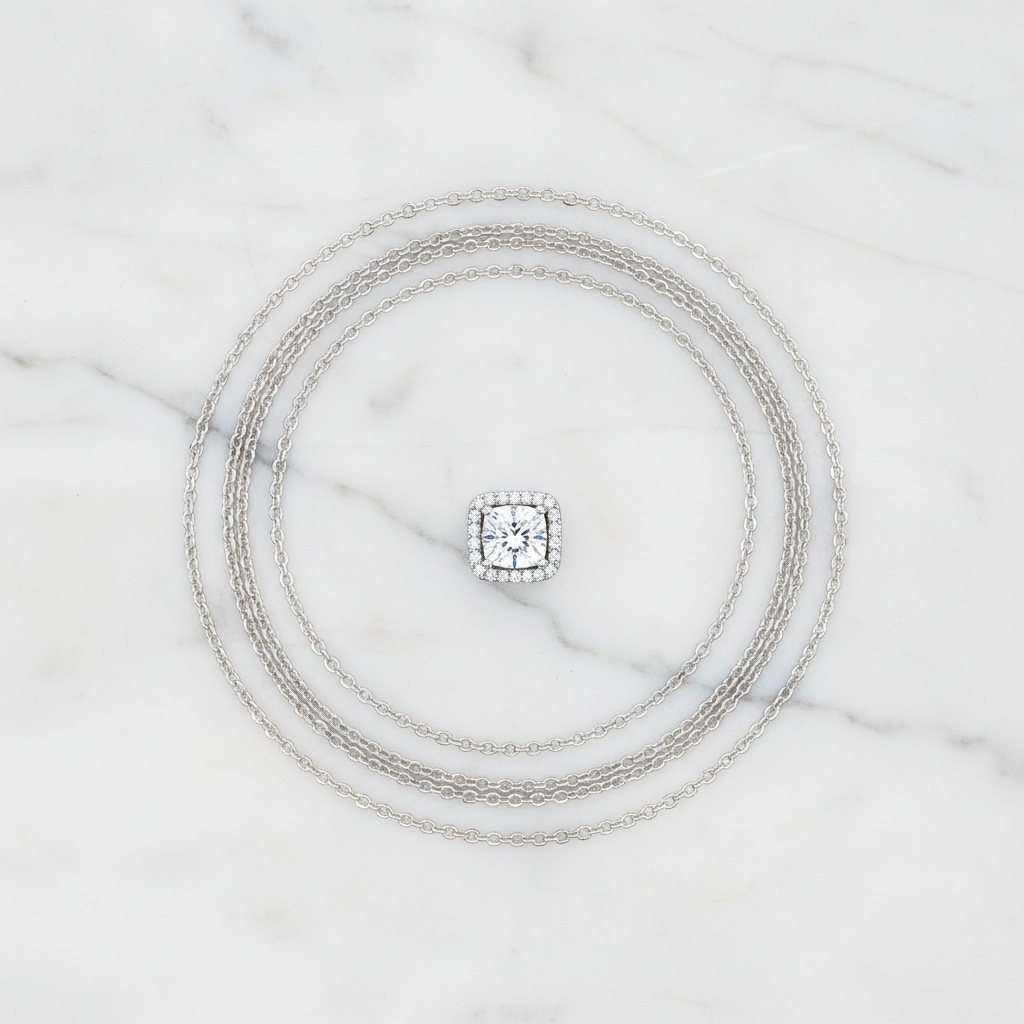 Silver Square Halo on White Marble