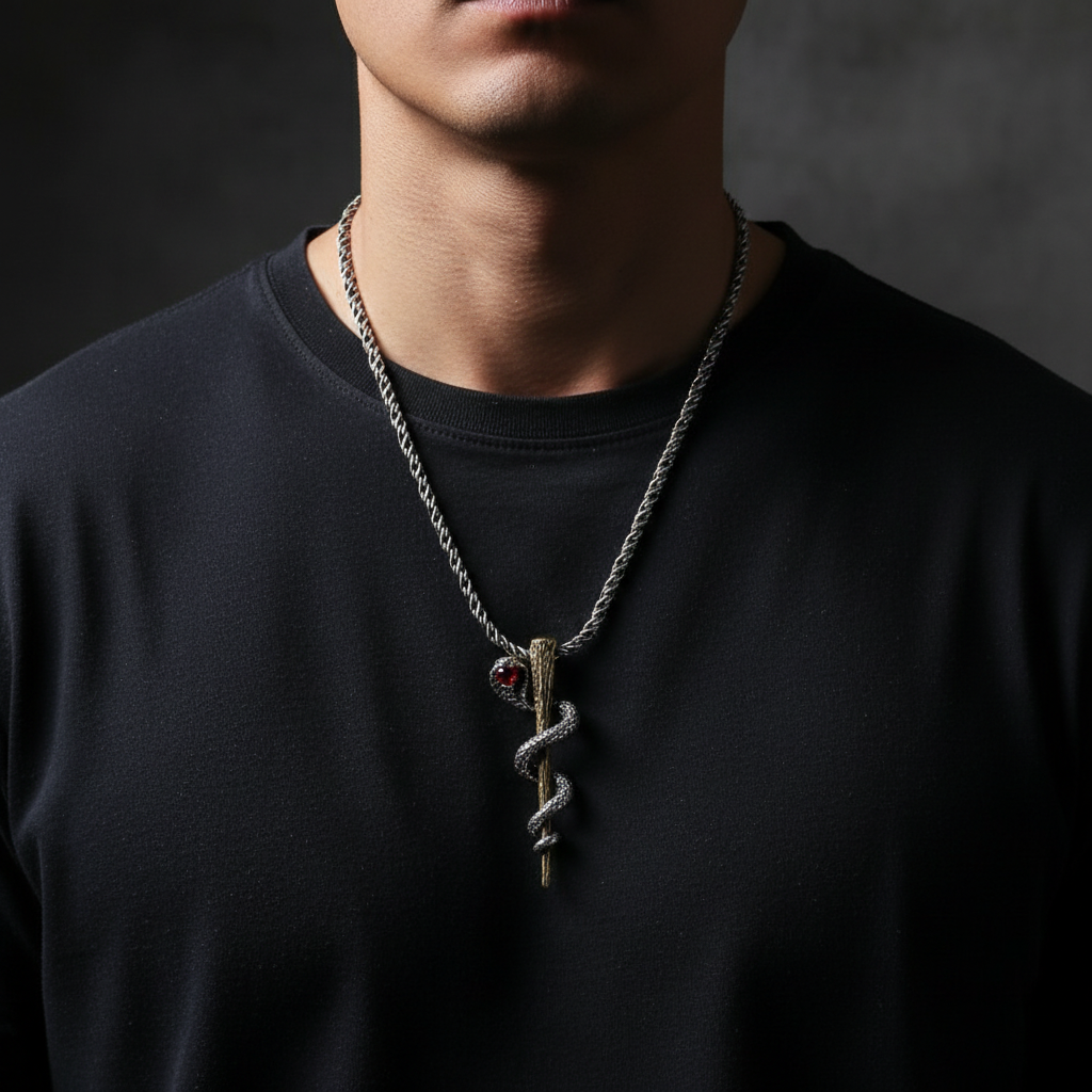 Snake pendant necklace on model