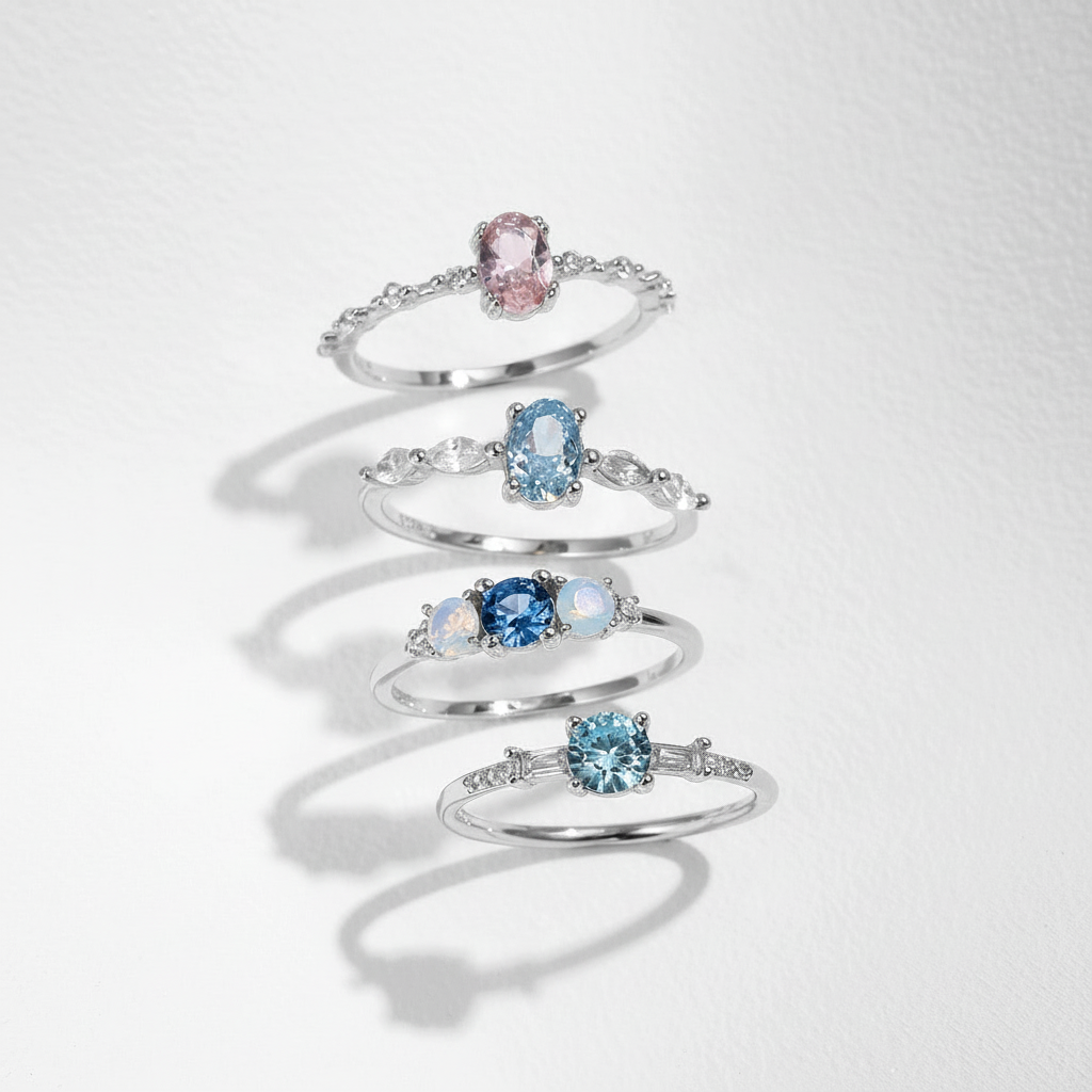 Stacked Gemstone Rings Floating Display