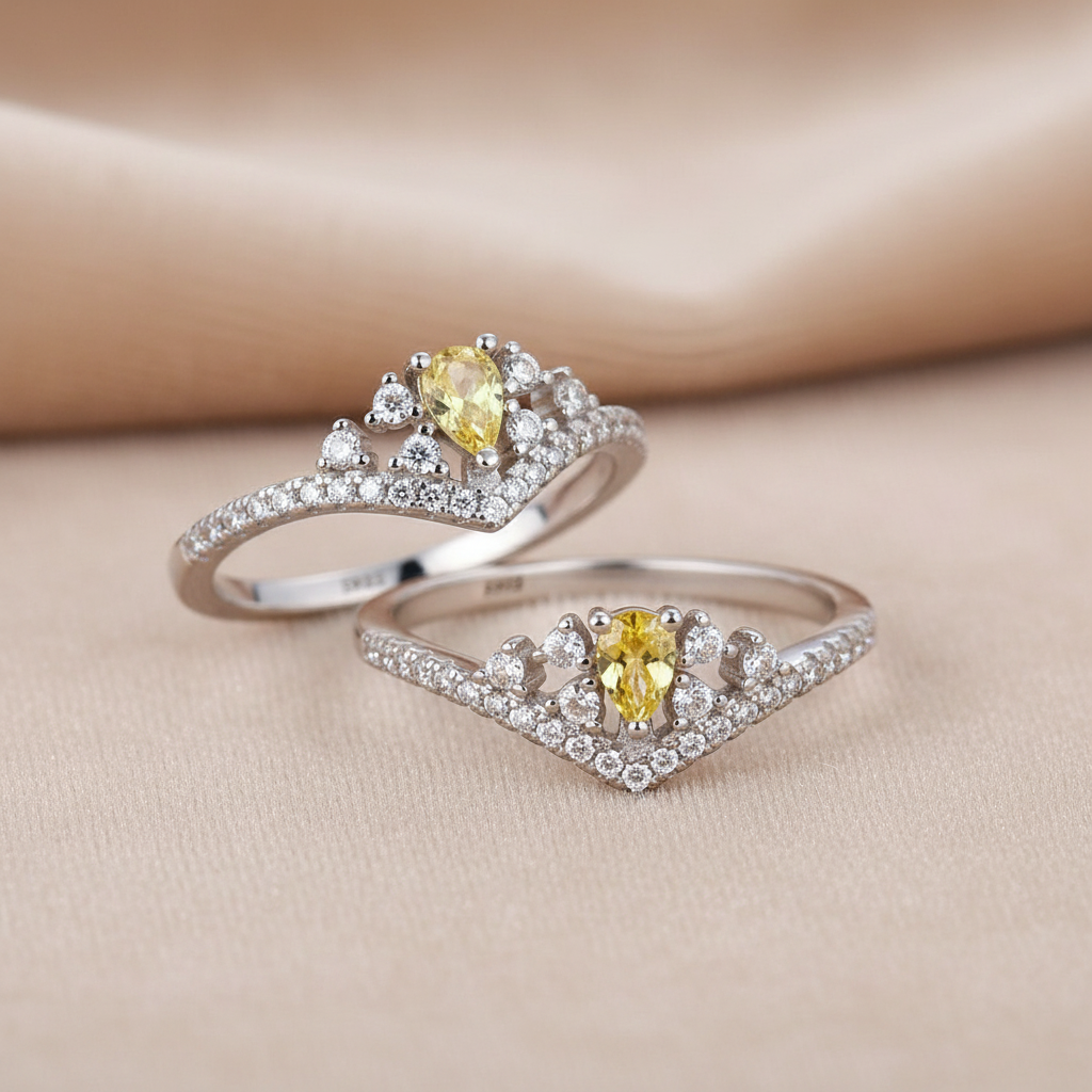 Yellow Citrine Crown and Chevron Rings on Champagne Velvet